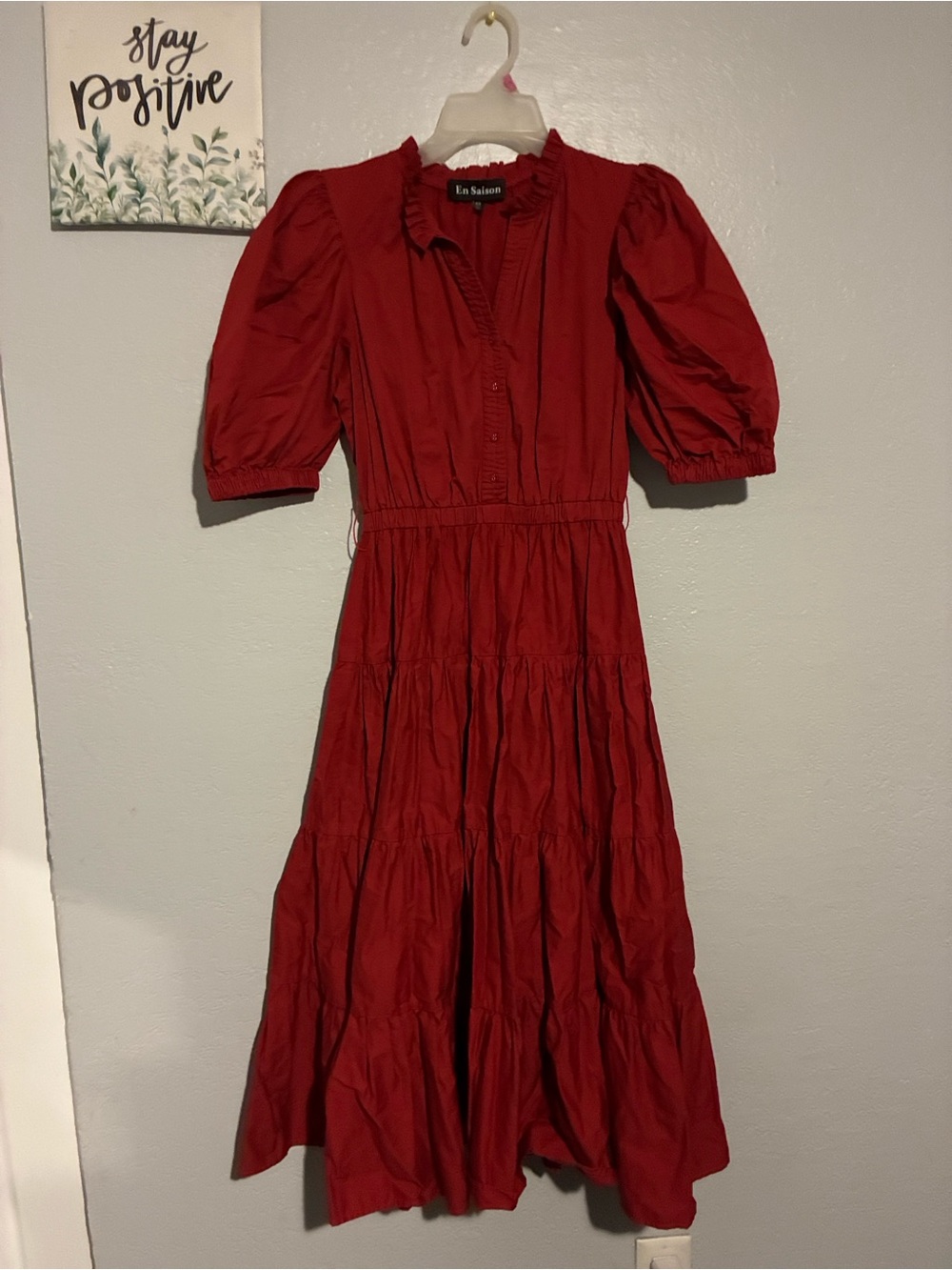 En Saison Red Tiered Midi Dress Puff Sleeve Button Front Missing Waist Tie Belt